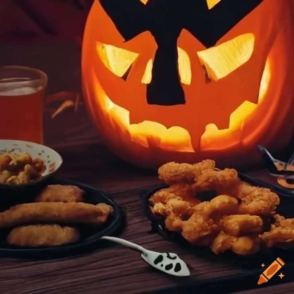 party banner with Halloween theme and delicious fried foods