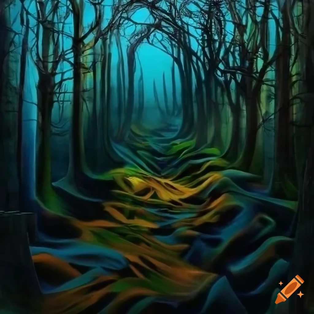 surrealistic painting of autumn trees