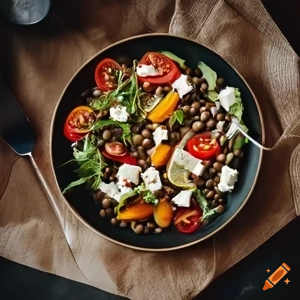 Vegetarian lentil salad with tomatoes, feta cheese, and pepper on Craiyon