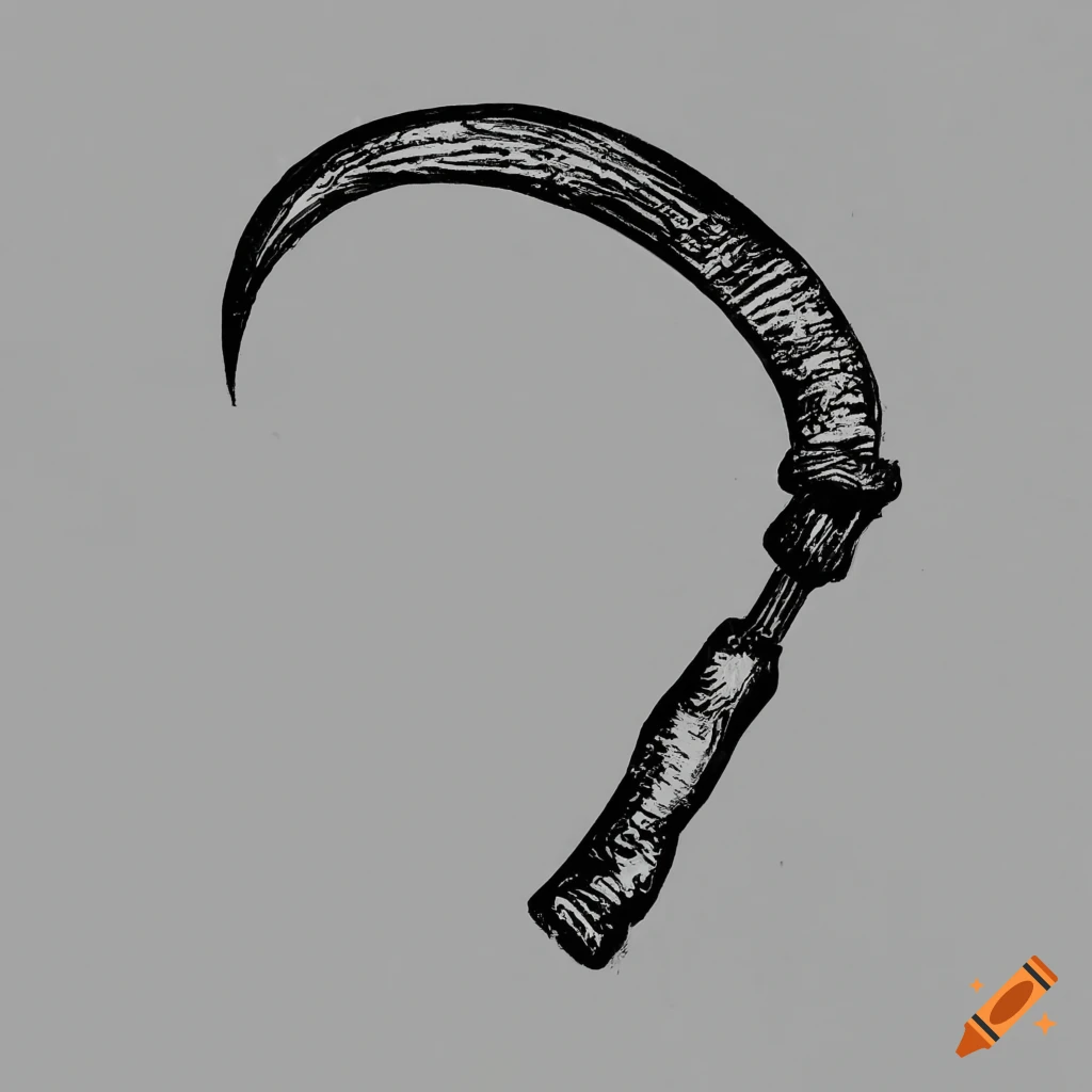Black and white drawing of a vintage sickle