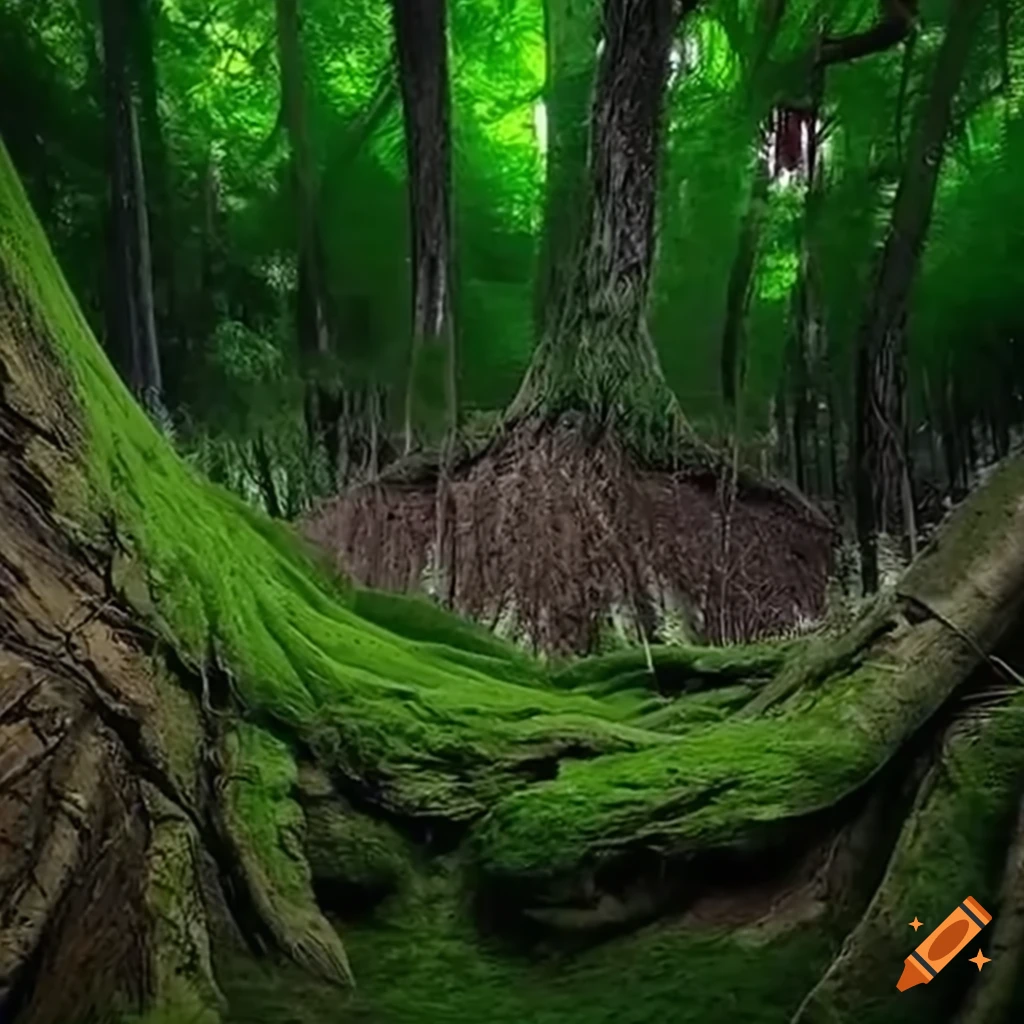 Glowing portal formed by bonsai tree roots in a bright forest on Craiyon
