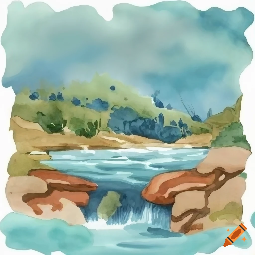 Watercolor illustration of a creek from a side view