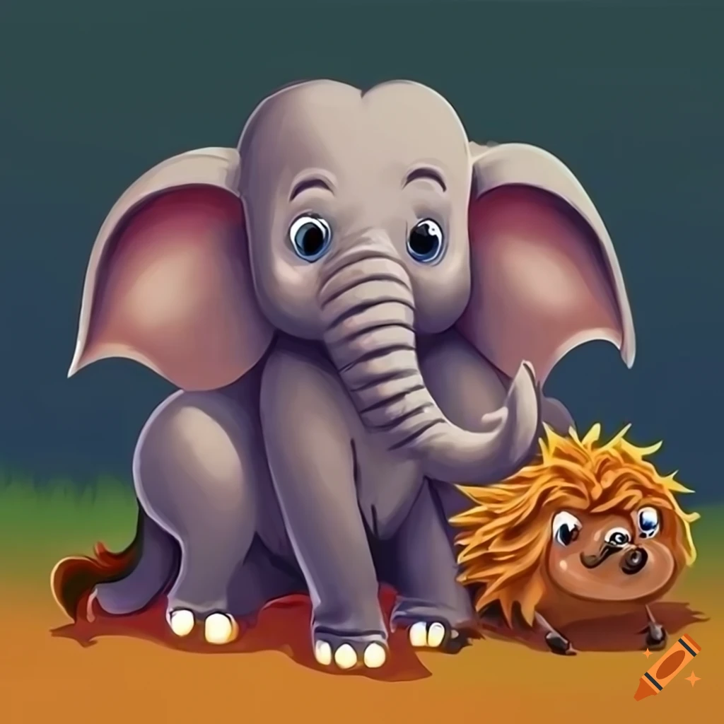 Cartoon painting of an elephant and a hedgehog