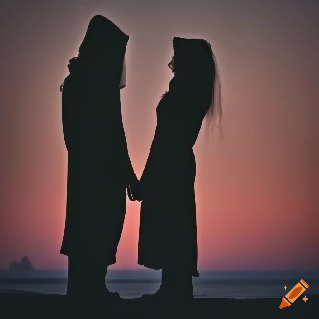 silhouettes in long hooded dresses gazing at a moonrise