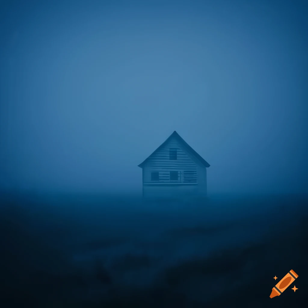 house in a field with blue fog at dawn