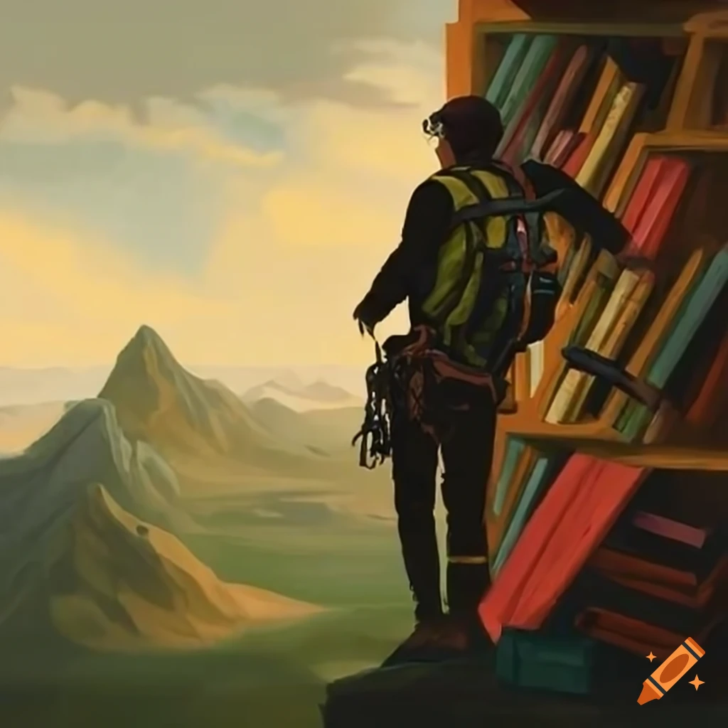 painting of a man climbing a mountain of bookshelves
