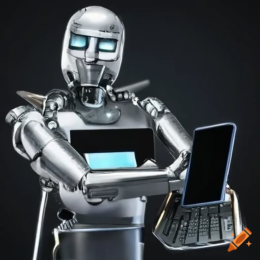 image of a friendly middle-aged metallic robot bartender