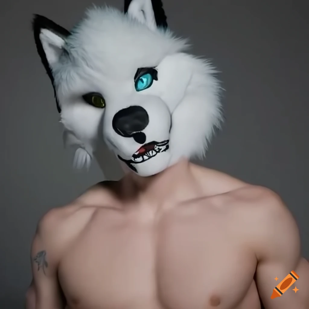 man wearing a white wolf fursuit head