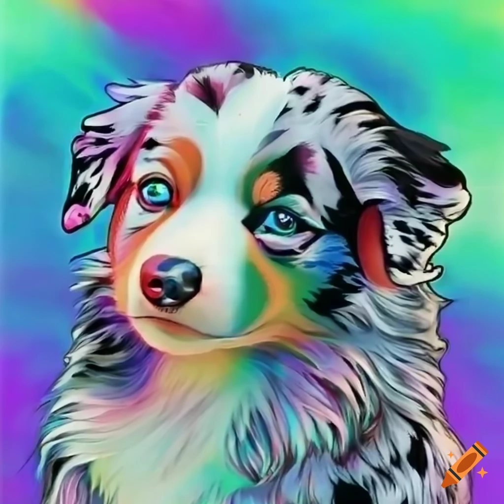 colorful artwork of a trippy mini aussie dog