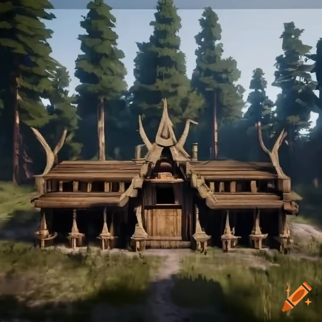 Aerial view of a wooden temple in a pine forest on Craiyon