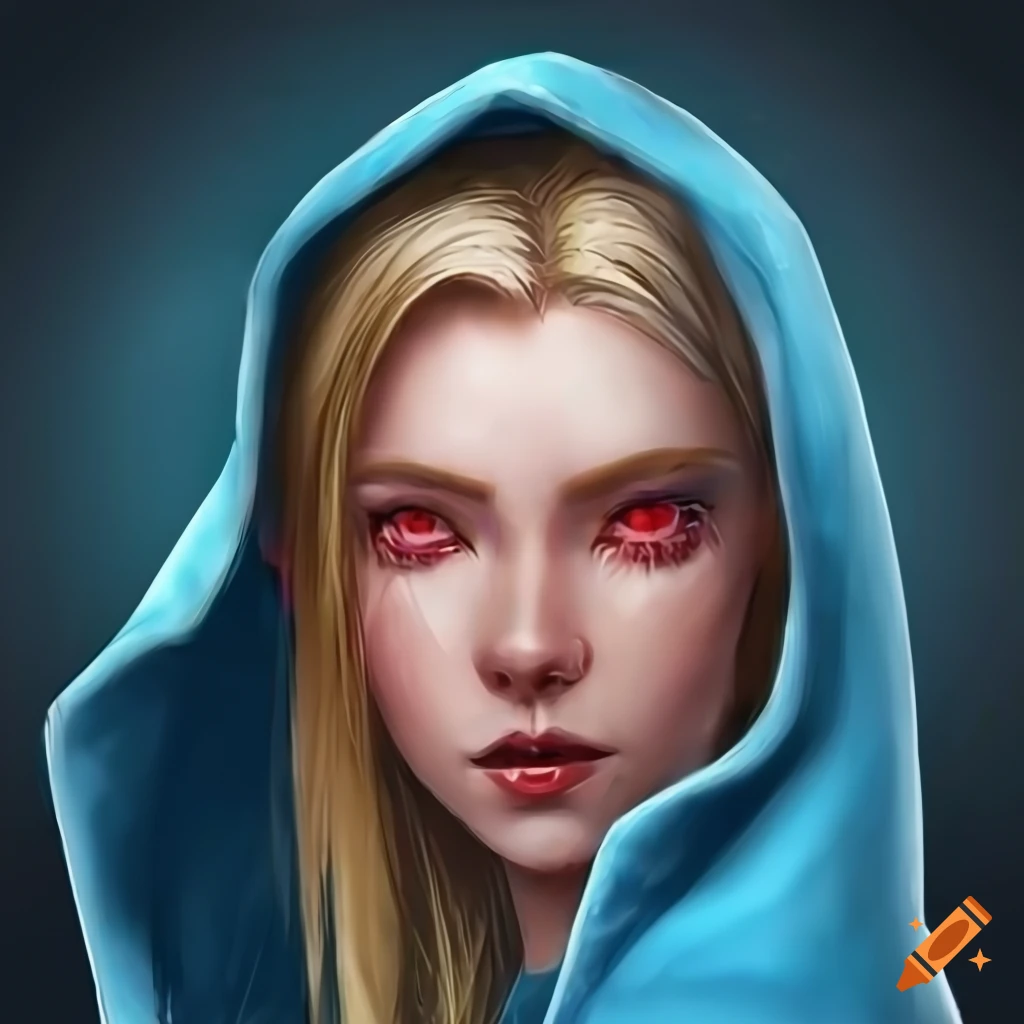 Photo Of A Female Elf With Red Eyes And Long Blonde Hair In A Blue Hooded Cape On Craiyon 