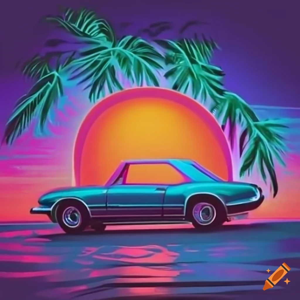 vibrant neon-lit 1960s era Camaro parked on the shoreline in Florida