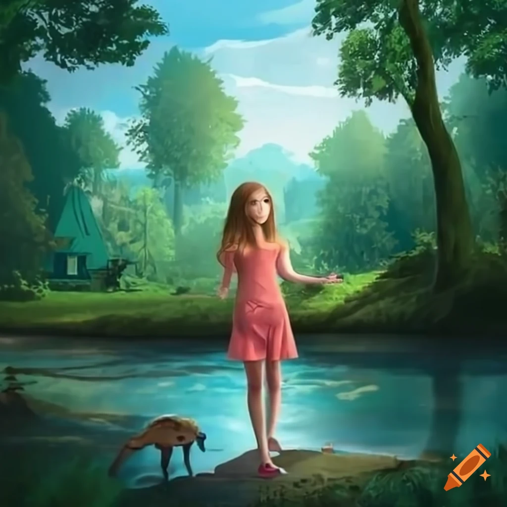 Girl standing in a river surrounded by trees on Craiyon