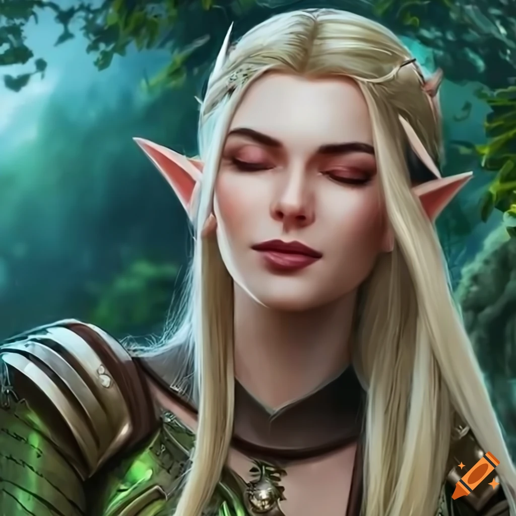 Elf druid woman with white eyes and blonde braids in full armor on Craiyon