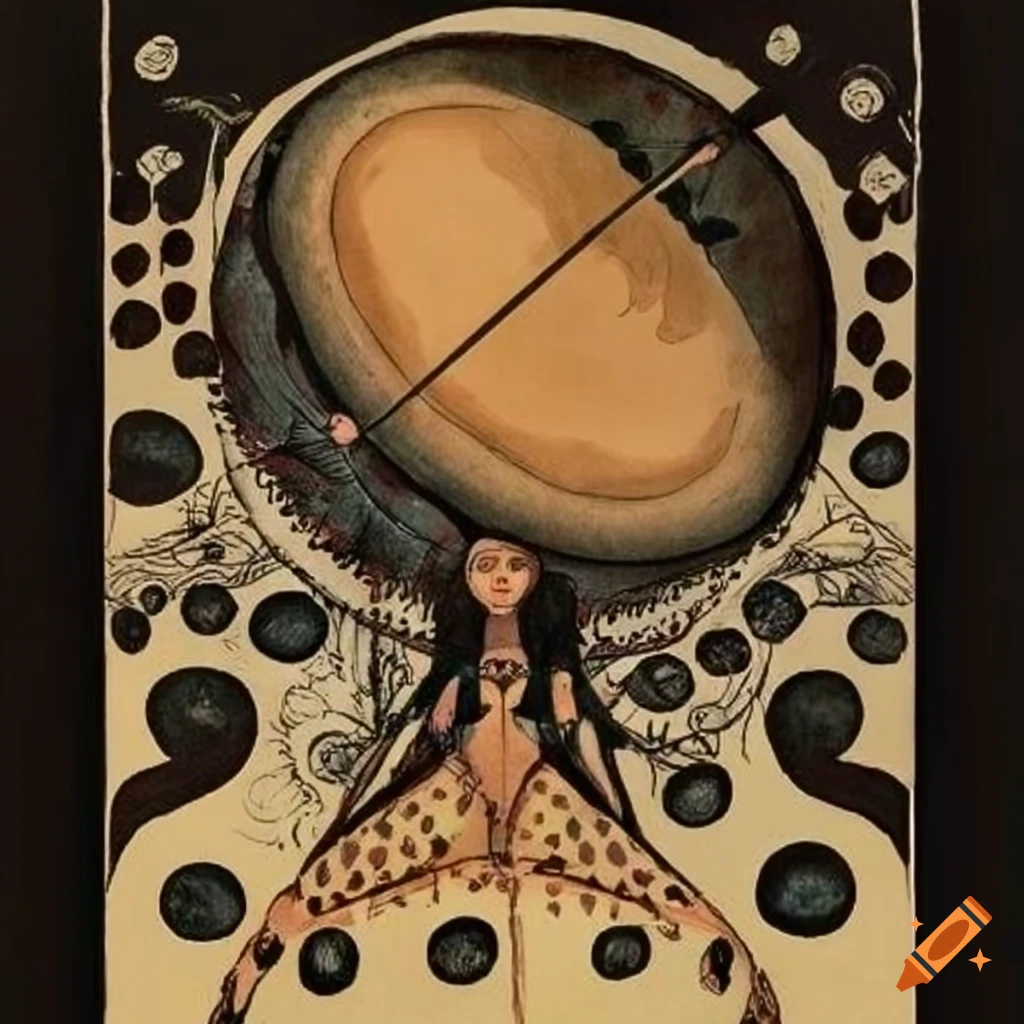 color sketch of a shaman drum by Aubrey Beardsley