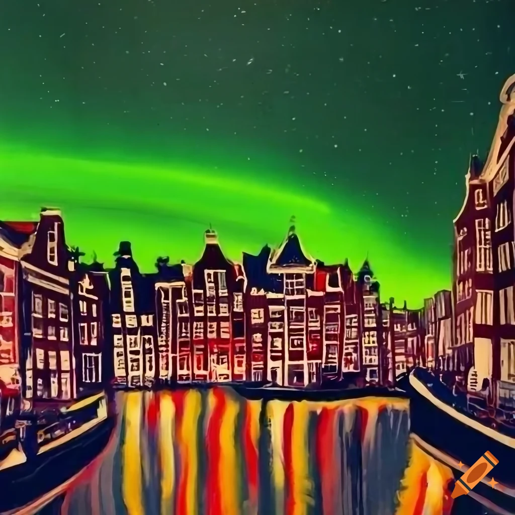vintage travel poster of Amsterdam canals at night with northern lights