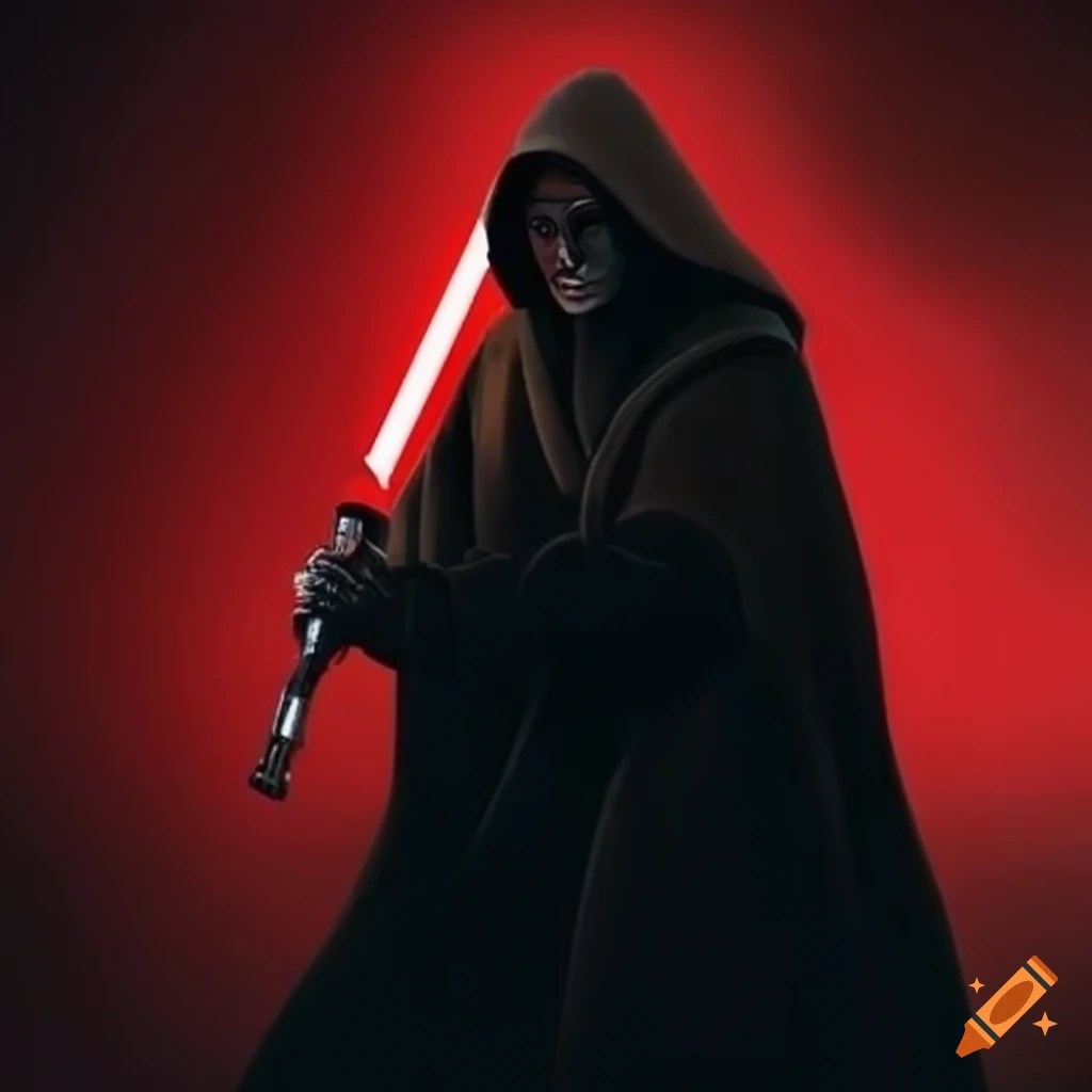 Hooded jedi with a red lightsaber on Craiyon