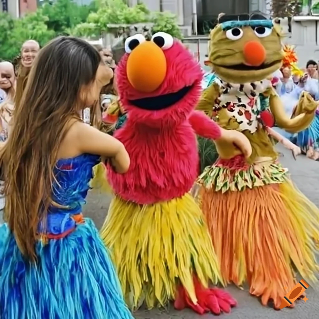 Sesame Street mascot wearing a hula skirt