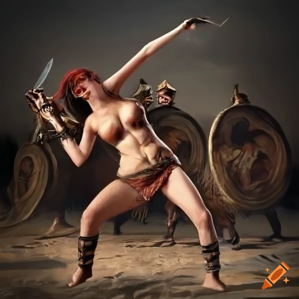 artwork of a female gladiator in a crude arena