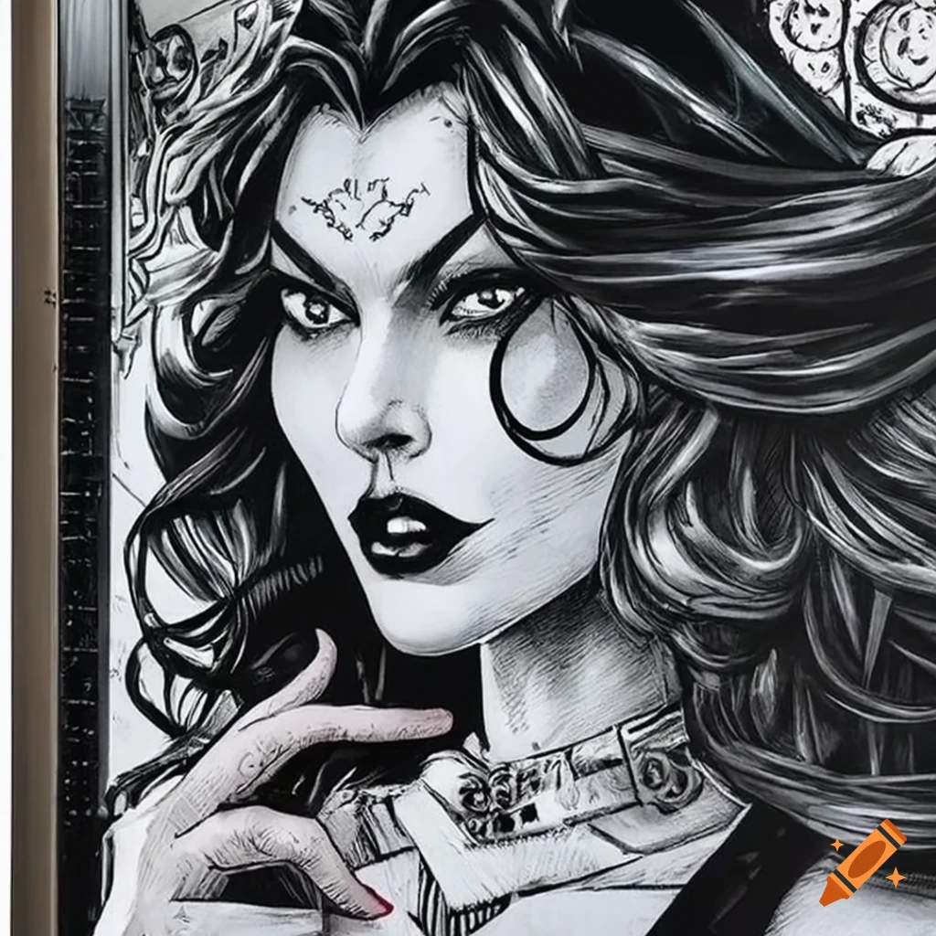 detailed pencil illustration of a femme fatale in a horror comic