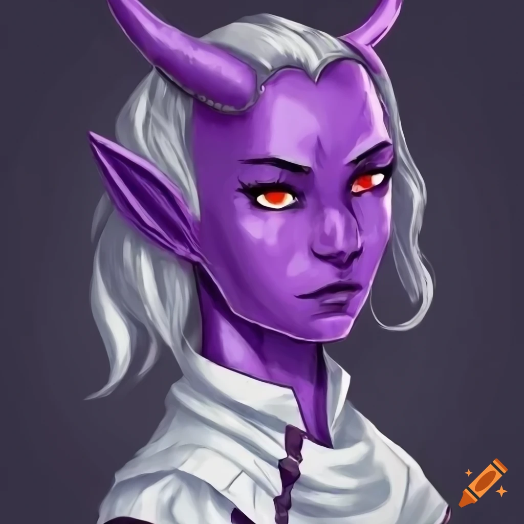 Purple-skinned tiefling female with short silver hair and medieval shirt