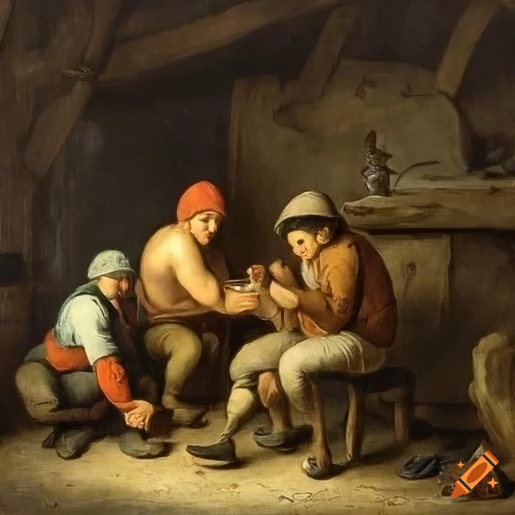 painting of farmers enjoying drinks and games in a tavern