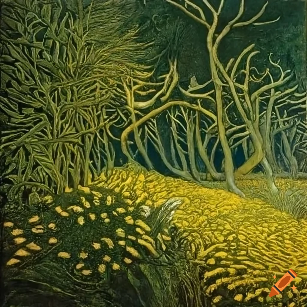 Painting of dandelion trees with carved totems and glowing orbs on Craiyon