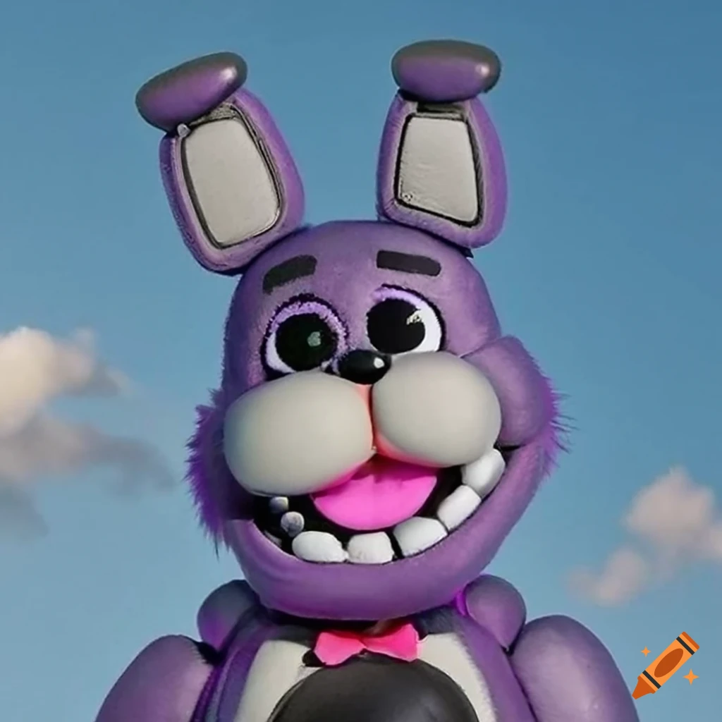 Digital, cartoon, modern japanese anime, an up close head and shoulder shot  of, fnaf, bonnie the bunny, wearing a purple tuxedo, with a red curtain  backdrop, high quality, 4k definition, perfectly detailed