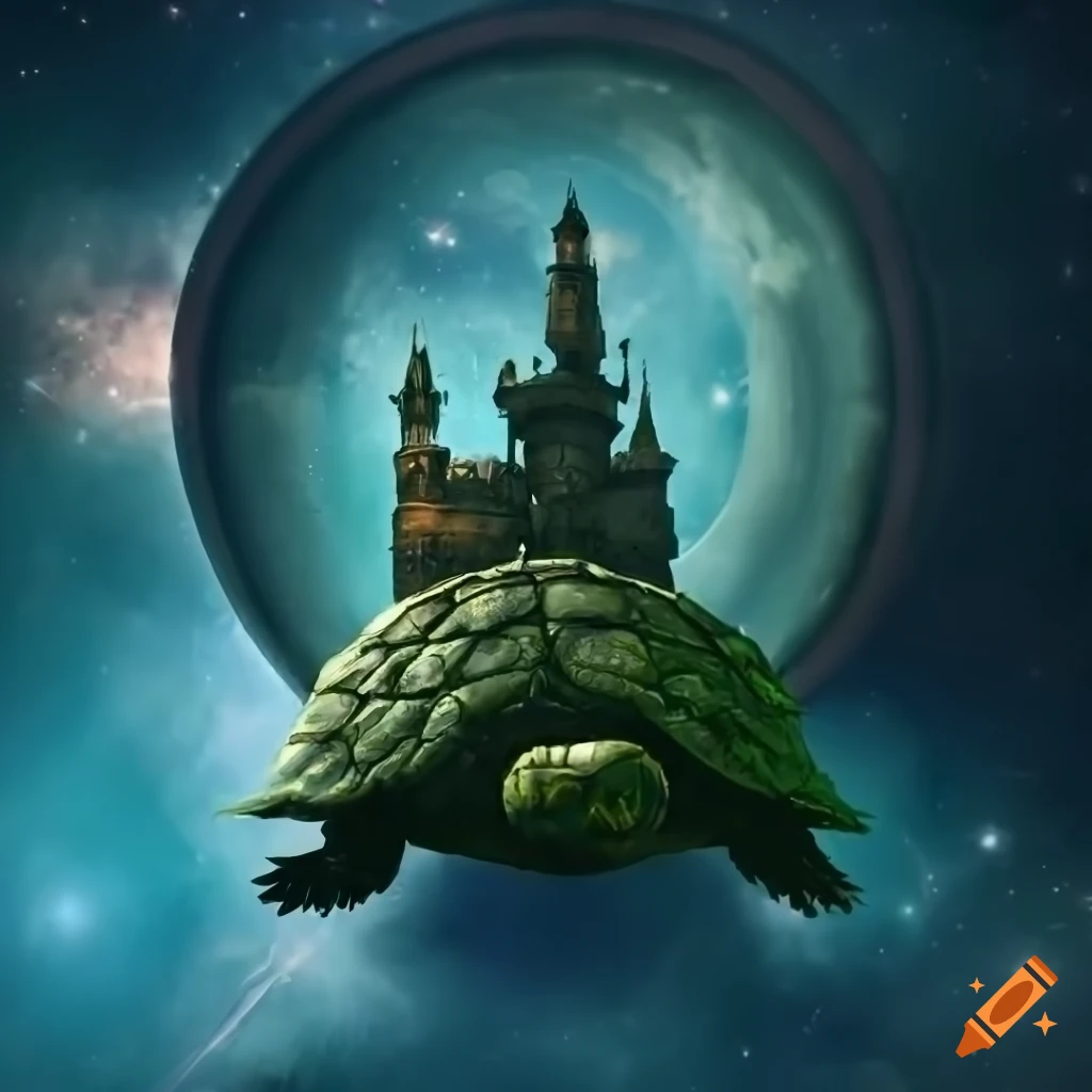 fantasy illustration of a steampunk castle on a turtle floating in space