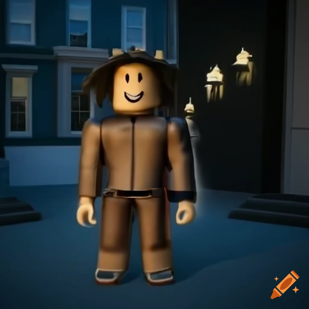 Hyper-realistic roblox character standing by a mansion on Craiyon