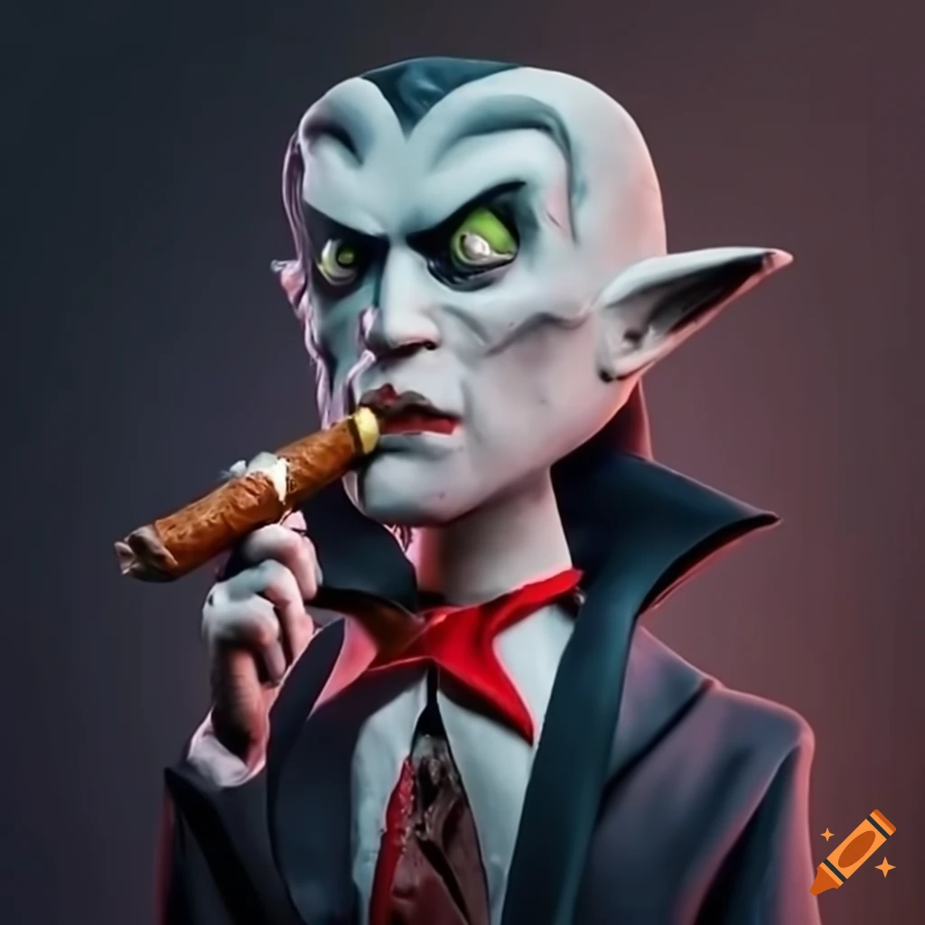 Dracula smoking a cigar in a Tim Burton style claymation