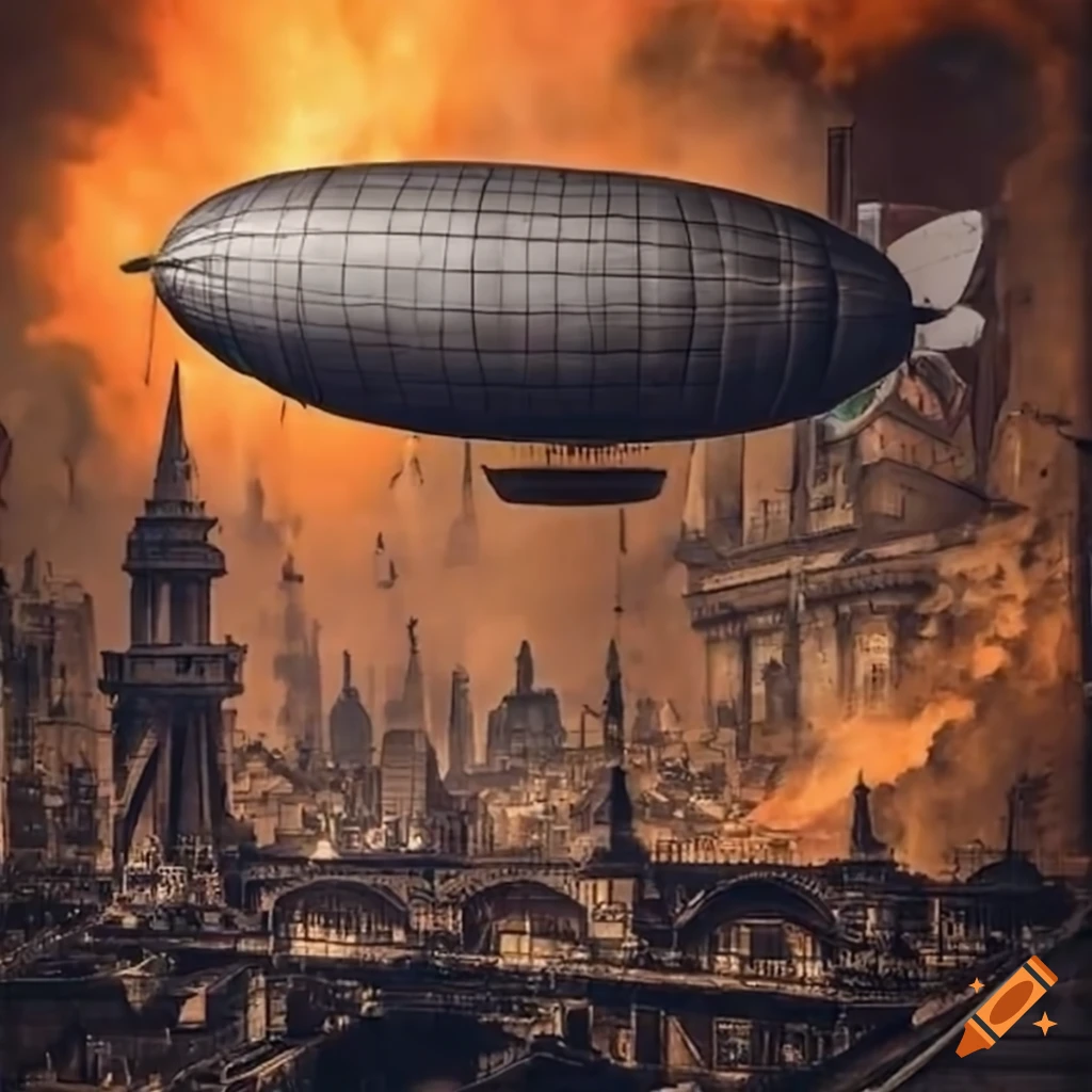 Airship flying over a burning cityscape on Craiyon