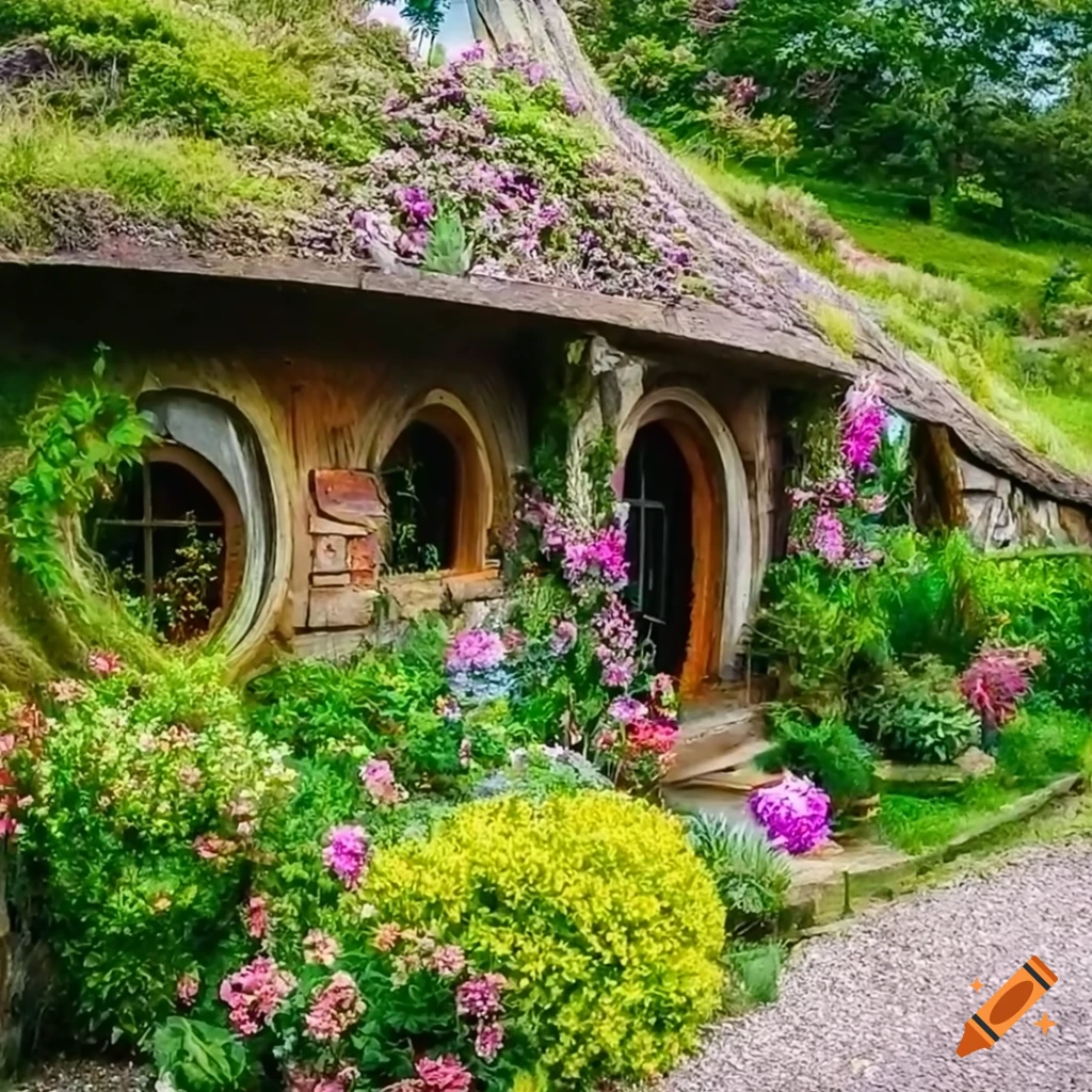 Picture of a colorful hobbit house surrounded by flowers on craiyon