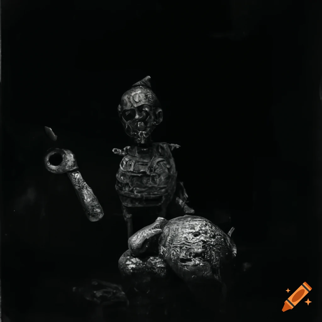 sculpture of a Dead Cyborg with Coin Eyes in ancient underwater jungle
