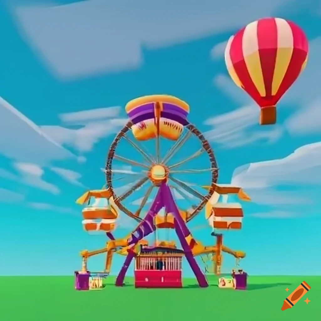 Roblox theme park with a Ferris wheel and hot air balloon