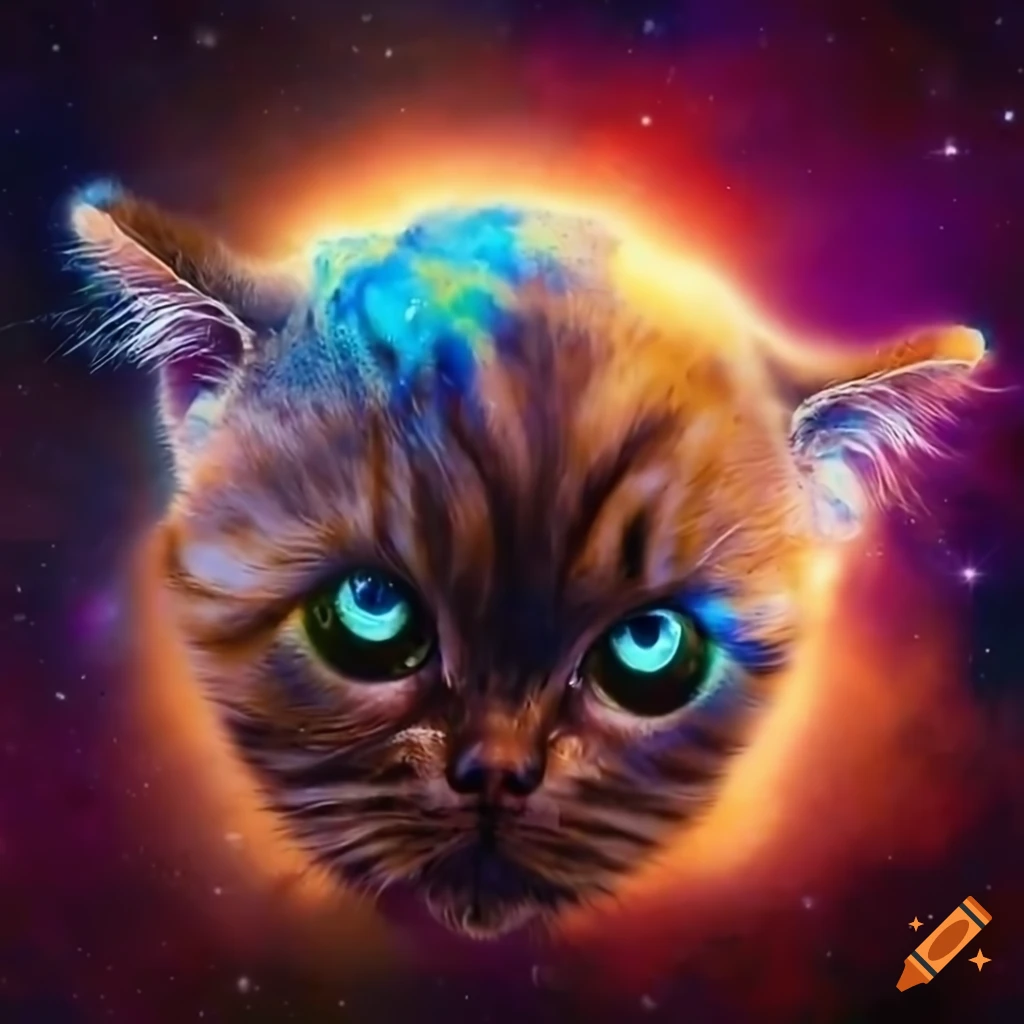 hyper-realistic flying kitten in outer space