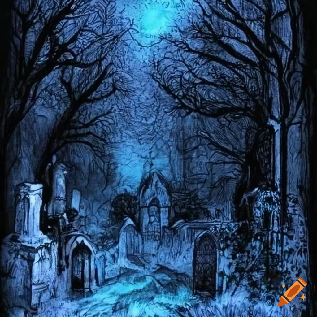 Pen and ink drawing of a gothic graveyard with blue flames on Craiyon