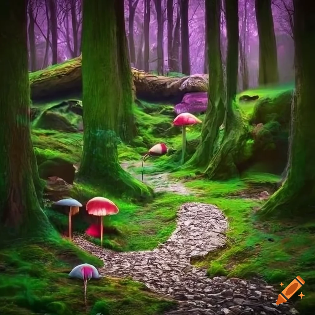 Enchanted forest with vibrant mushrooms and a stone path on Craiyon