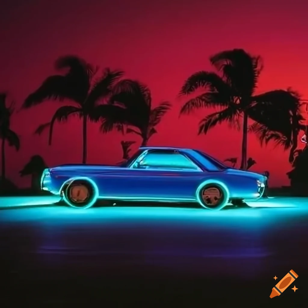 retro American muscle car parked on a palm tree-lined shoreline
