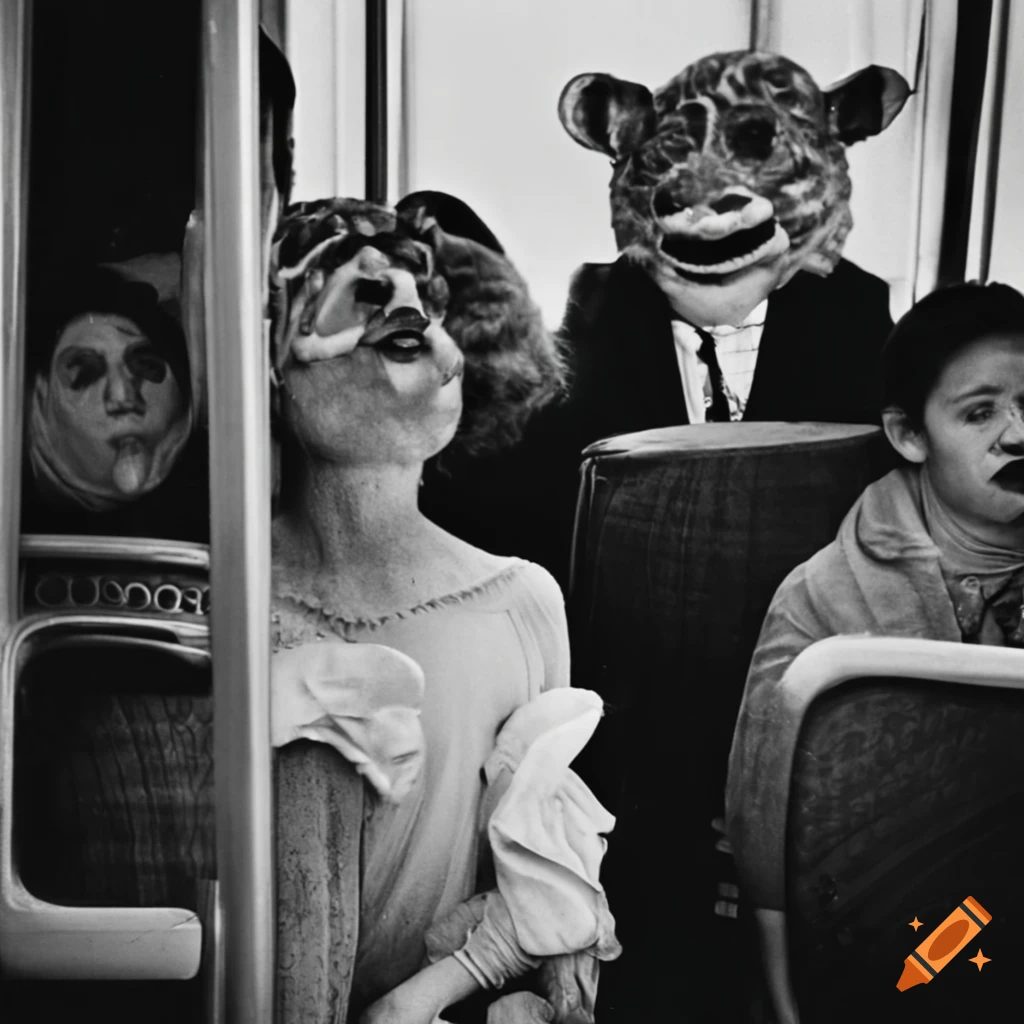 People wearing animal masks on a bus on Craiyon