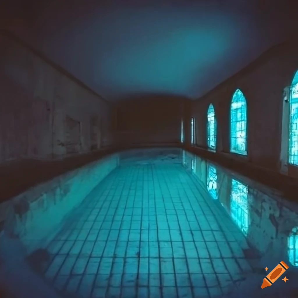 Ominous lighting in an abandoned underground victorian pool on Craiyon