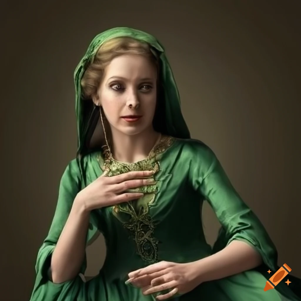 portrait of a medieval lady in a dark green gown
