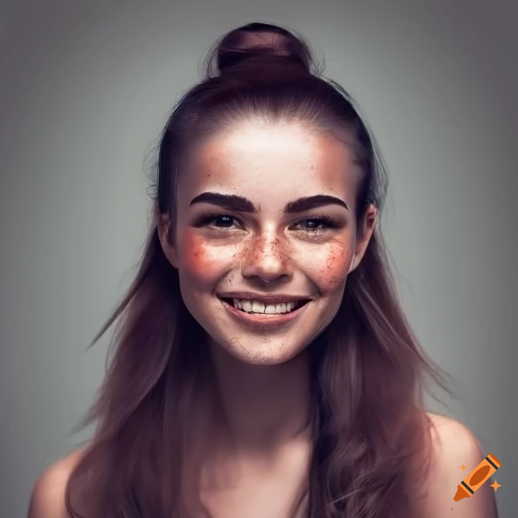 portrait of a smiling woman with freckles and dark hair