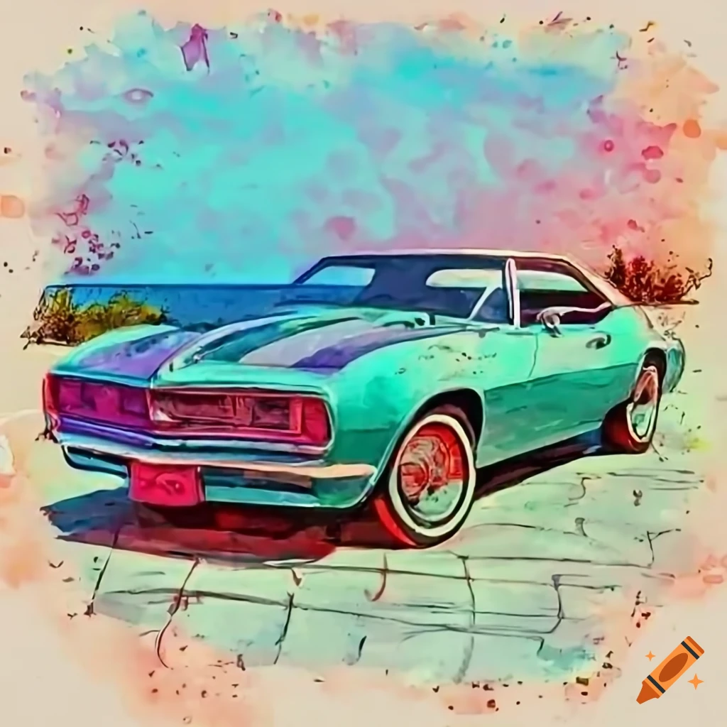 vibrant neon-lit 1960s era Camaro parked on the shoreline in Florida