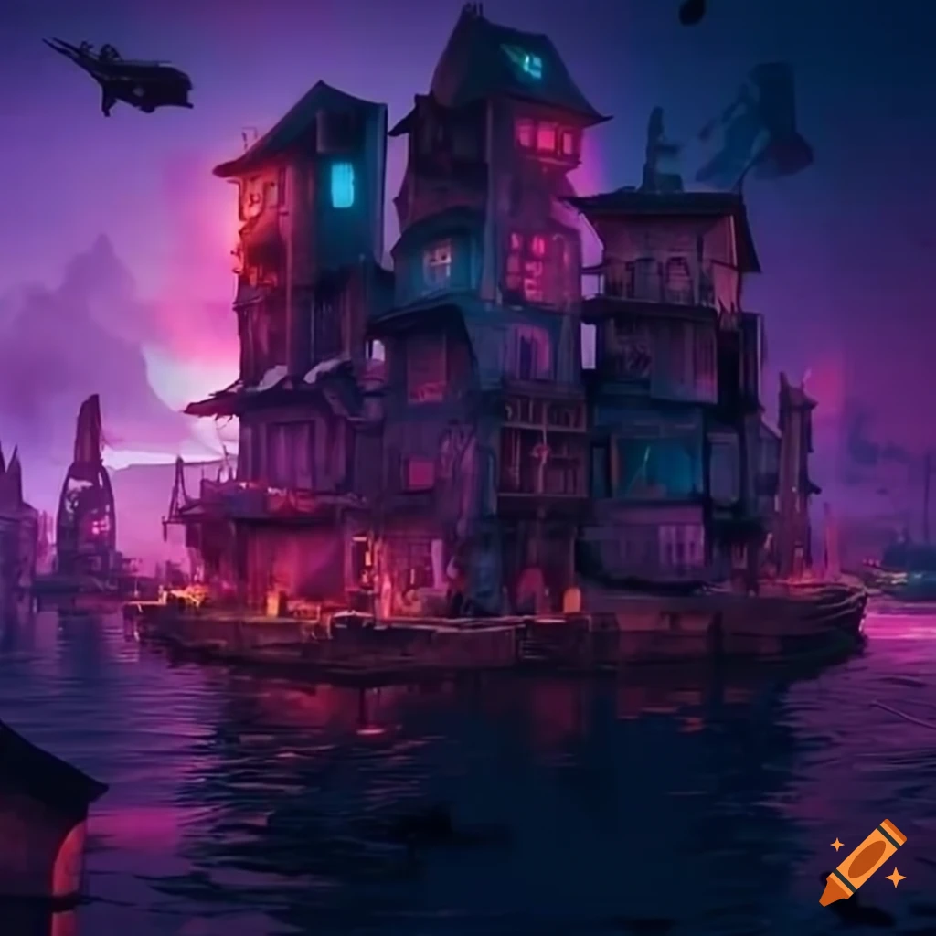 Cyberpunk pirate town in the caribbean