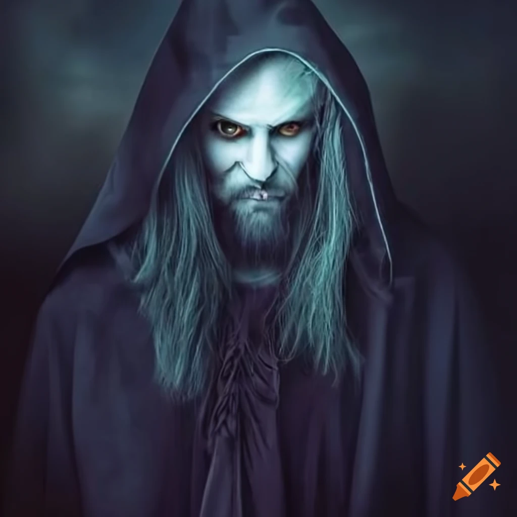 portrait of a sinister wizard with a dark cloak and white face