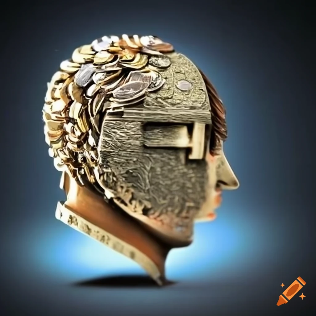 Sculpture of a head made of coins on Craiyon