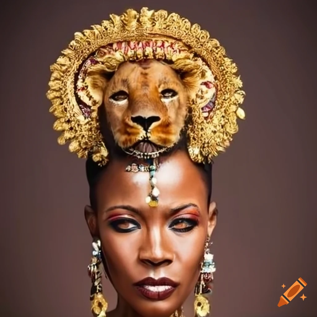 African queen with a lion-headpiece in the desert