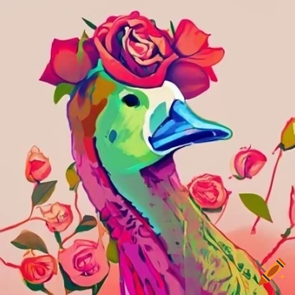 portrait of a goose with roses and symbol on white background