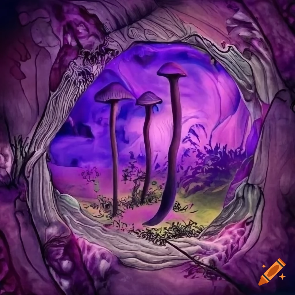 Illustration of a fantastical landscape with purple mushrooms